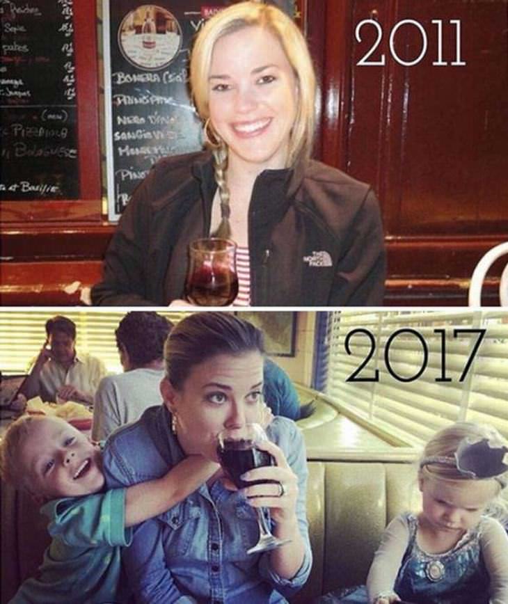 mães e pais antes e depois dos filhos
