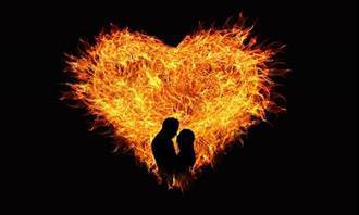 ilustração de um casal dentro de um coração de fogo