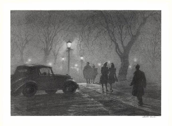 Gravuras de Martin Lewis noite com neblina em danbury