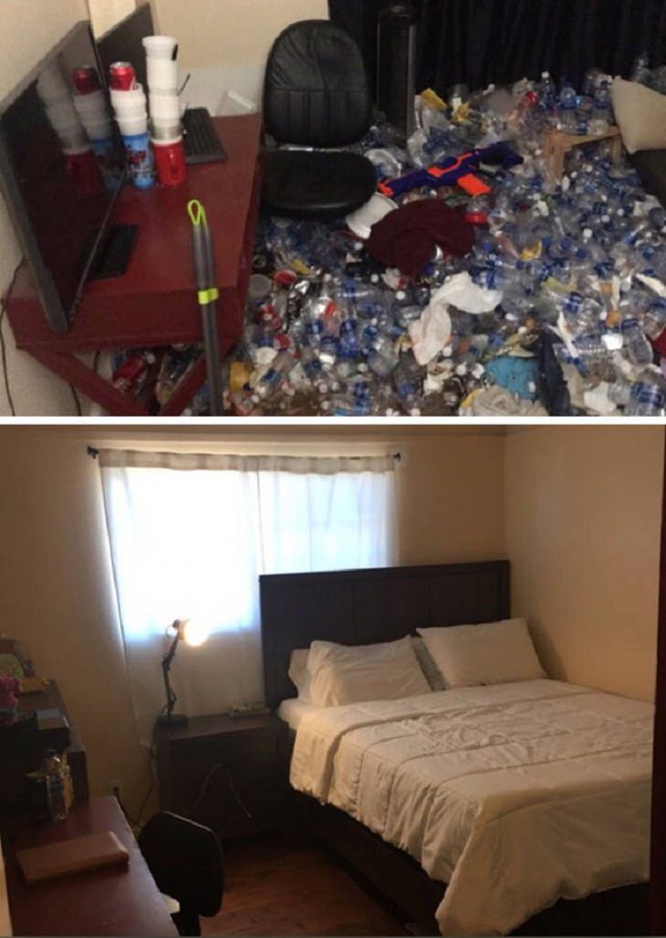 Antes e depois de uma boa limpeza: quarto de dormir-depressão