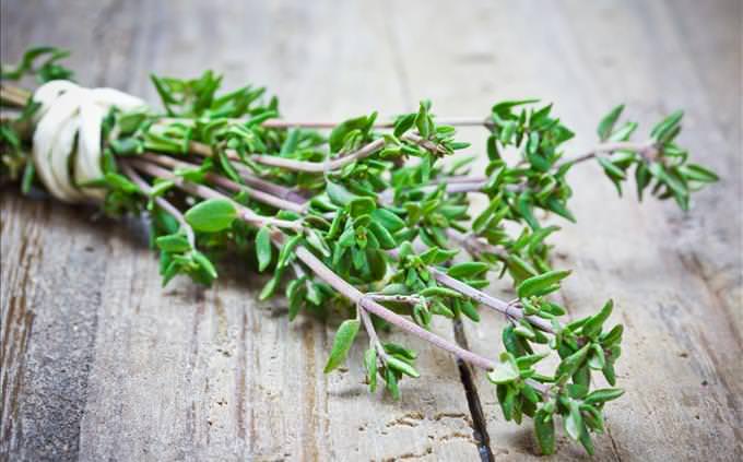 thyme on wooden table
