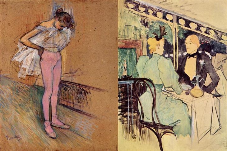 Esquerda: Dançarina ajustando suas meias, óleo sobre papelão, 1890, Direita: No Ambassadors, Gente Fina 1893