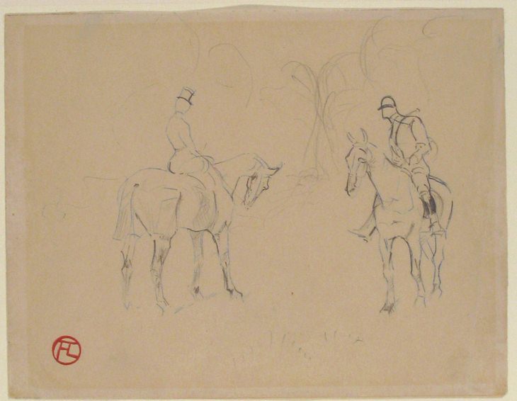 Uma mulher e um homem a cavalo, desenho com grafite, 1879