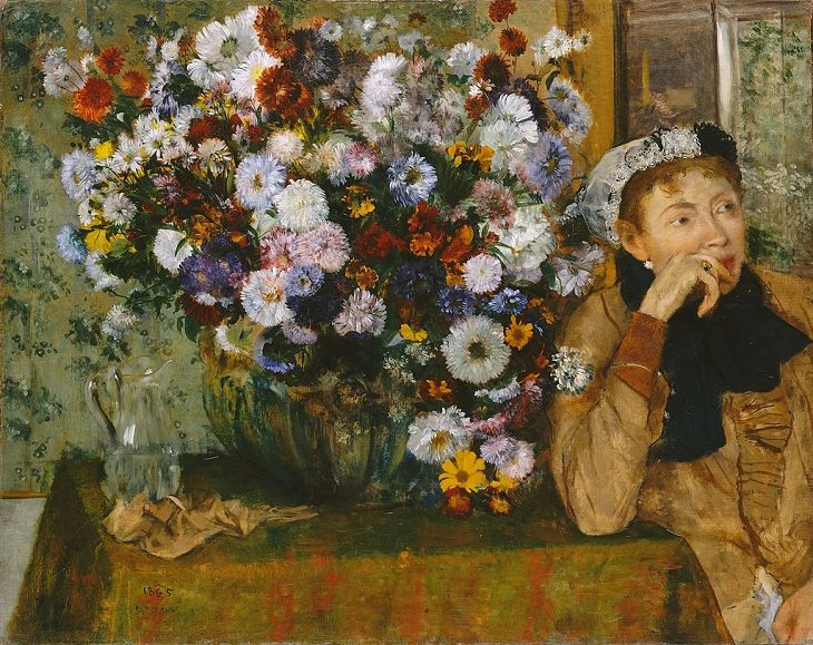 BMulher sentada ao lado de um vaso de flores, 1865 , Degas