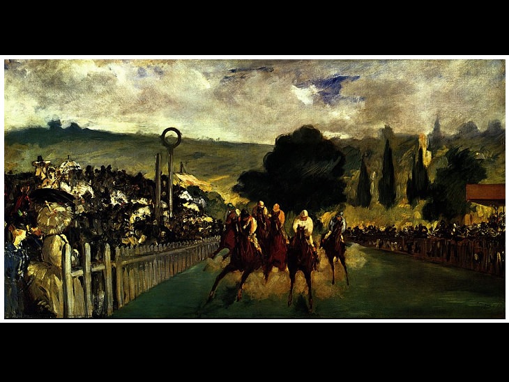 Collected works of 19th century French Impressionist and modernist painter Édouard Manet, The Races at Longchamp, 1865