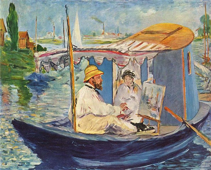 Collected works of 19th century French Impressionist and modernist painter Édouard Manet, Claude Monet Painting on His Studio Boat, 1874