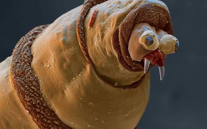 larva sob um microscópio