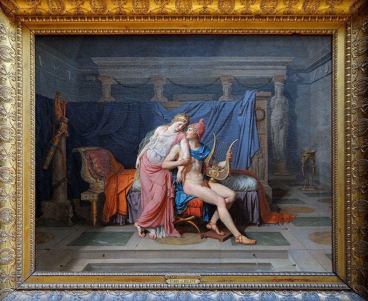 Paintings by various notable artists from different eras inspired by stories from Greek Mythology, ‘The Love of Paris and Helen’, by Jacques-Louis David, 1788