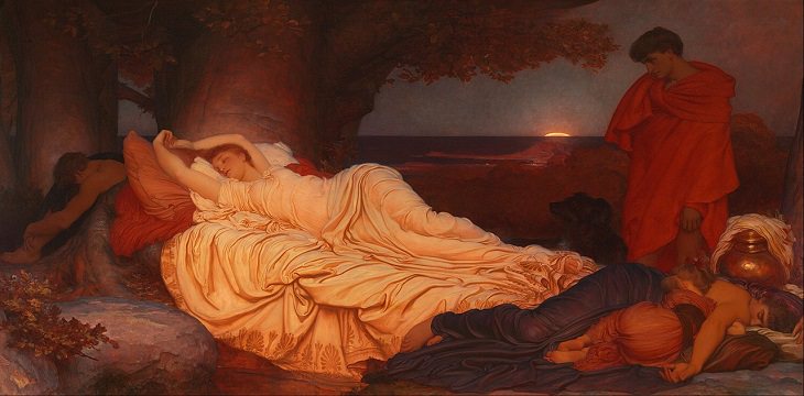 Paintings by various notable artists from different eras inspired by stories from Greek Mythology, ‘Cymon and Iphigenia’, by Frederic Leighton, 1884