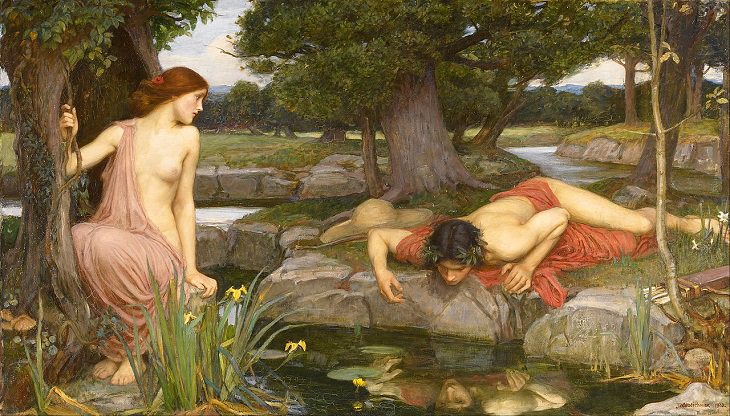 Paintings by various notable artists from different eras inspired by stories from Greek Mythology, ‘Echo and Narcissus’, by John William Waterhouse, 1903