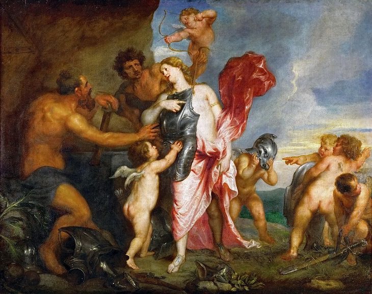 Paintings by various notable artists from different eras inspired by stories from Greek Mythology, ‘Thetis Receiving the Weapons of Achilles from Hephaestus’, by Anthony van Dyck, 1630-1632