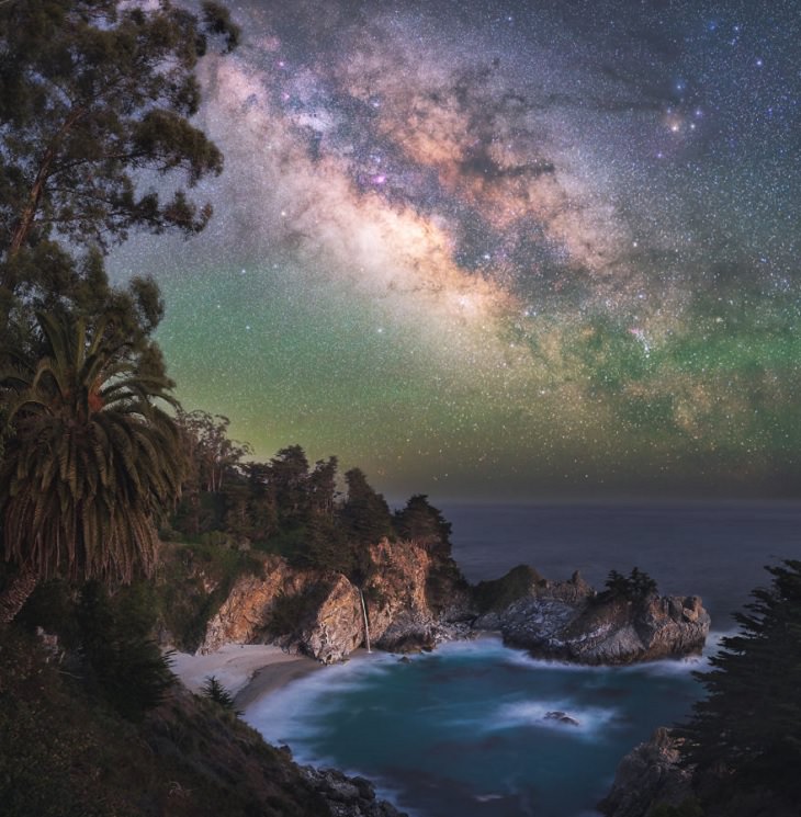 Astronomy photographs of the night sky and nightscapes by Marcin Zajac, small cove with 80 foot waterfall near Big Sur, Pacific Coast, Paradise