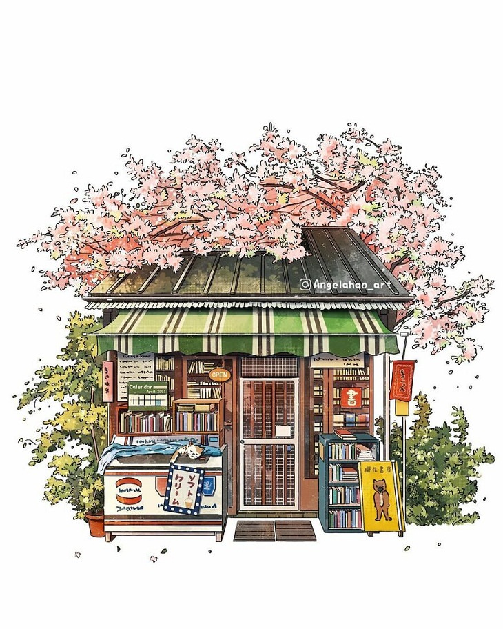 Ilustrações de vitrines japonesas