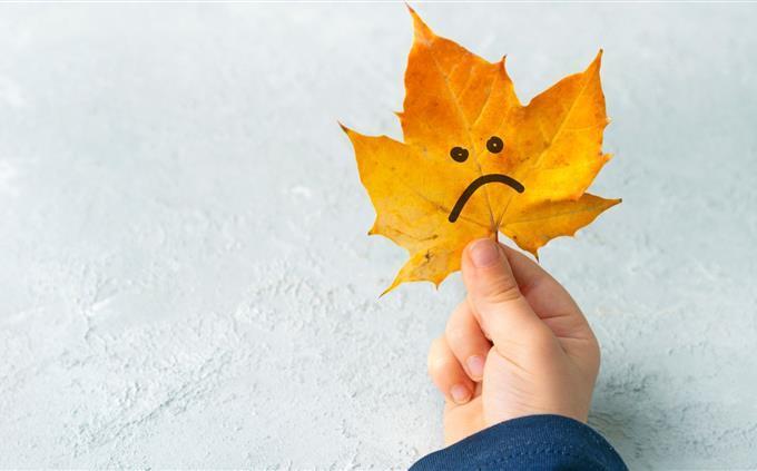 Encontre as diferenças no outono: uma folha com um rosto triste
