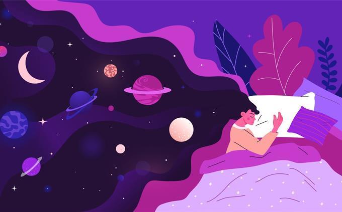 O que seus hábitos de sono revelam sobre seu futuro: ilustração de uma mulher dormindo e sonhando com estrelas